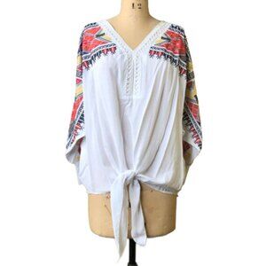 NWOT Boho embroidered tie front white loose light tunic top blouse